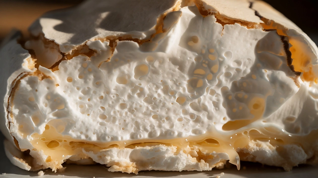 Macro view of a cracked pavlova cross-section showing weeping and dry texture.