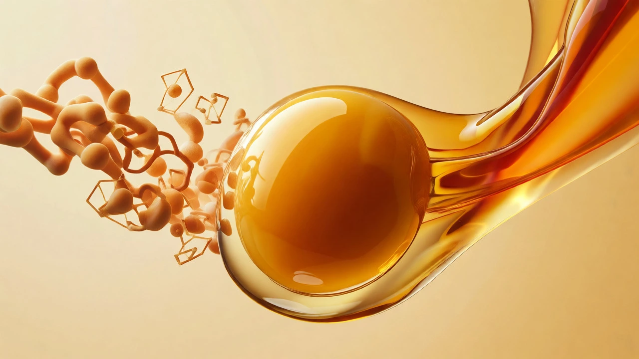 Macro view of a golden egg yolk with abstract visuals representing protein and fat nutrients.