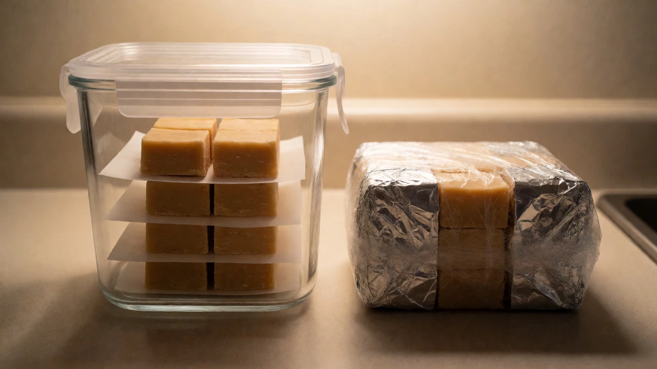 Properly stored fudge in an airtight container and wrapped in foil for freezing.