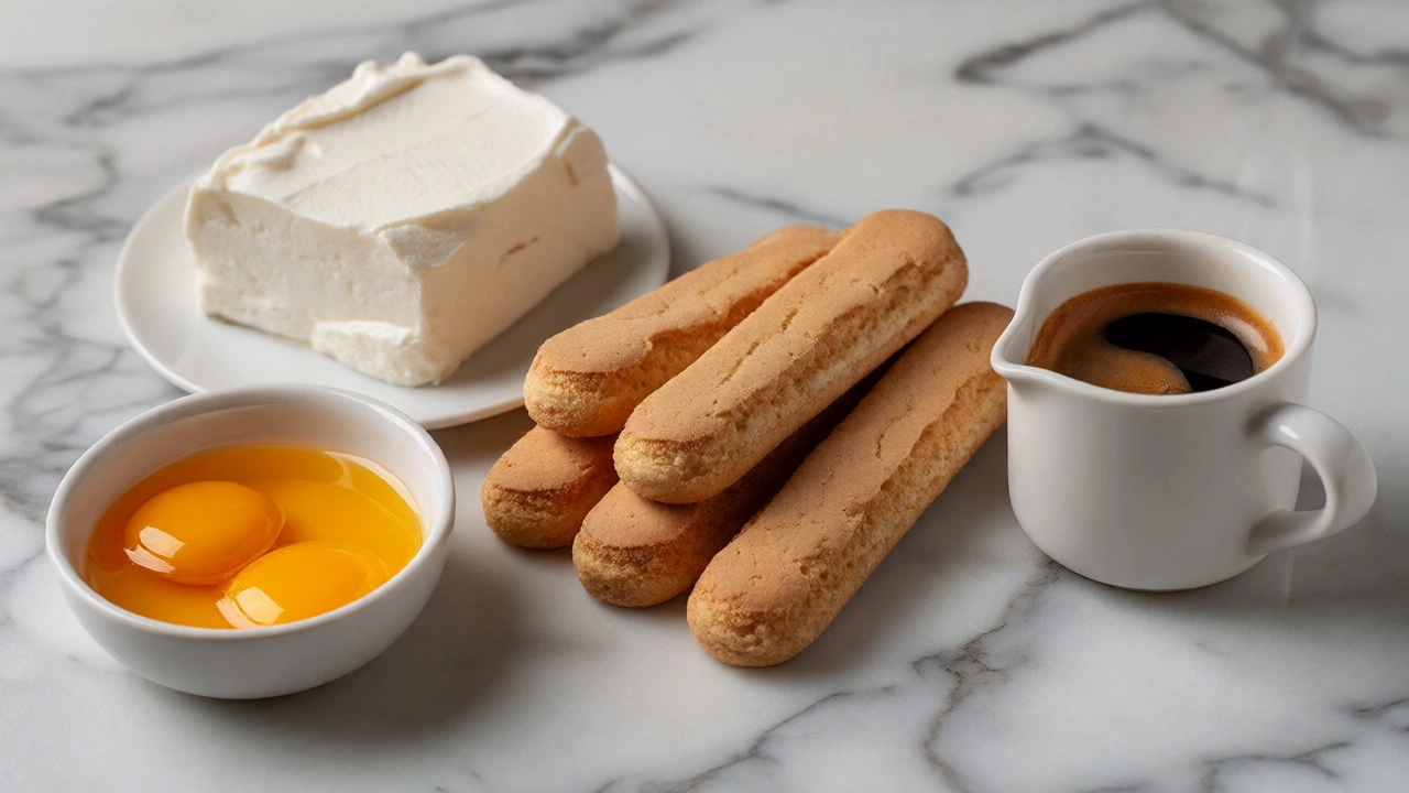 Raw ingredients for tiramisu: mascarpone, eggs, ladyfingers, and espresso