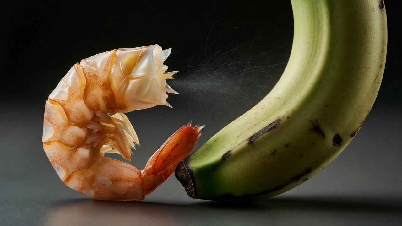 Shrimp shell and green banana illustrating chitin sources