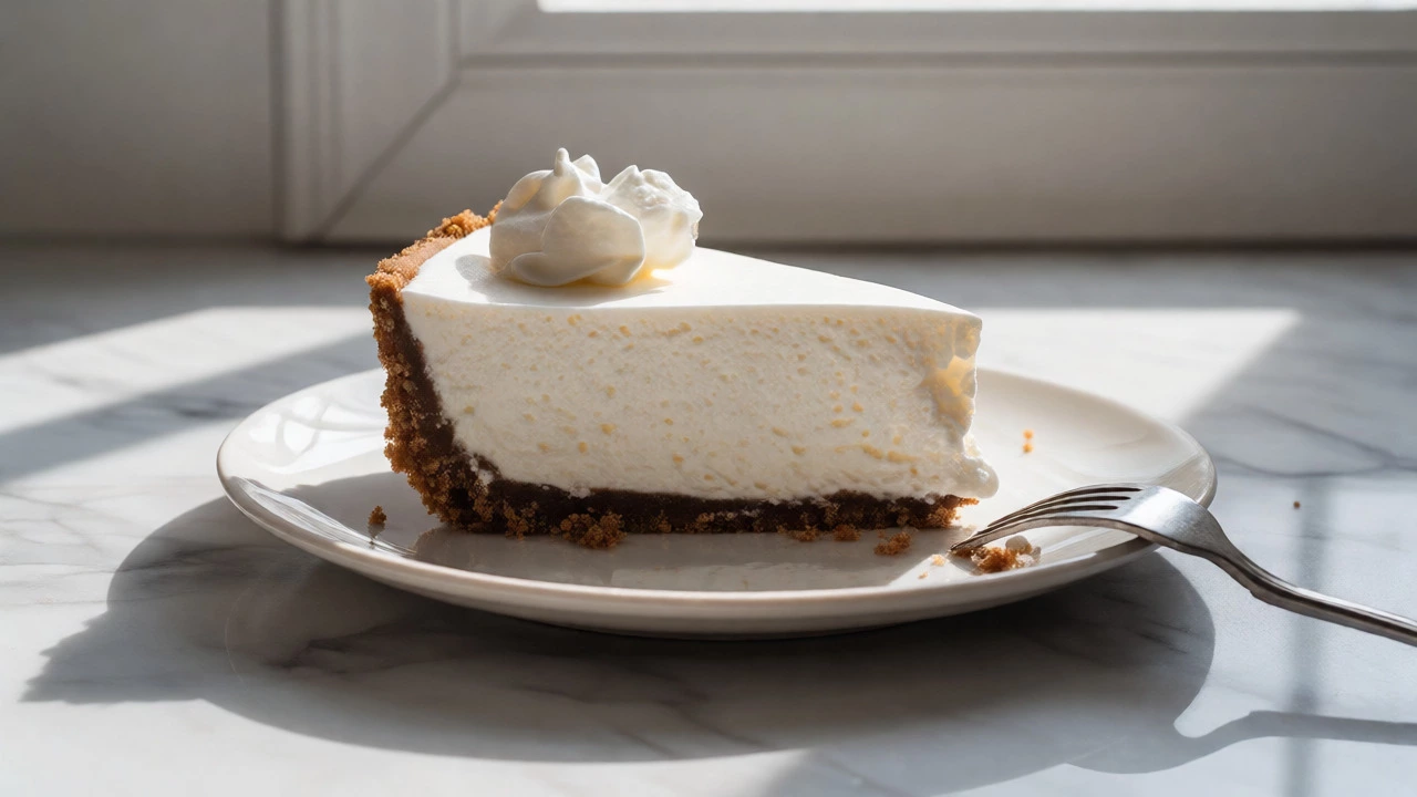 Sliced no-bake cheesecake with biscuit base