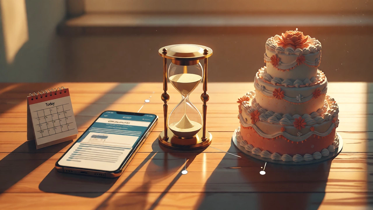 Visual metaphor for cake ordering lead times with calendar and cake
