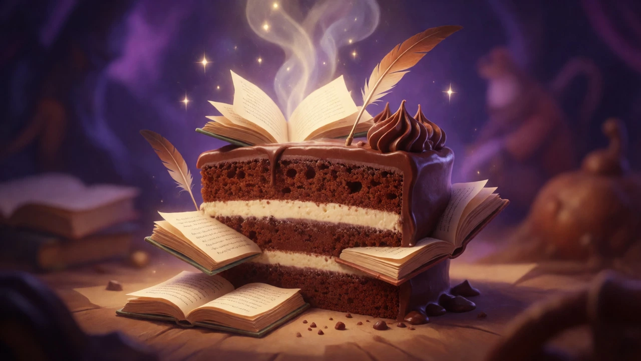 Whimsical illustration of a chocolate cake with floating books and magical sparkles.