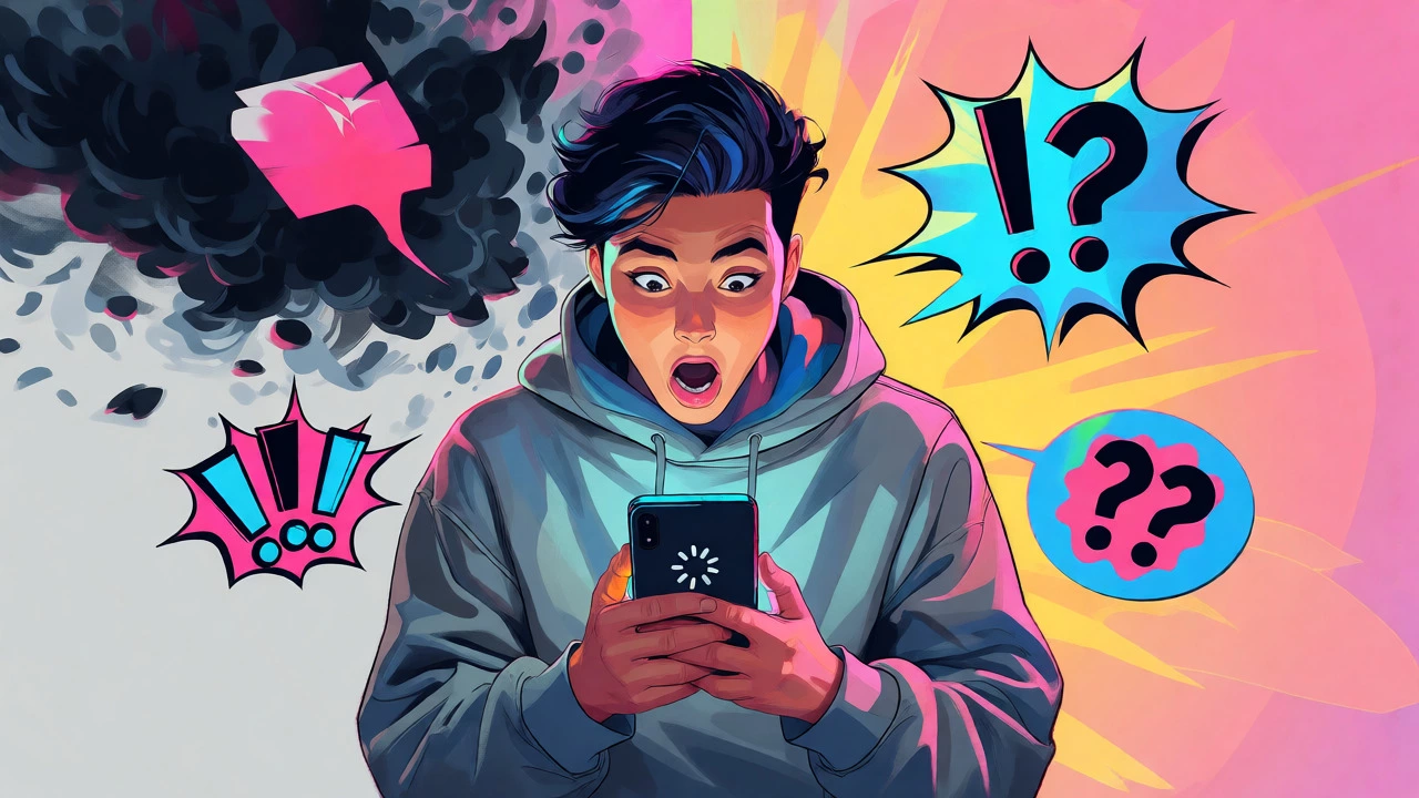 Young person reacting to phone glitch with abstract emotion bubbles