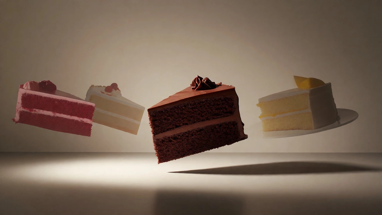 A prominent chocolate cake slice surrounded by faint outlines of other cakes.