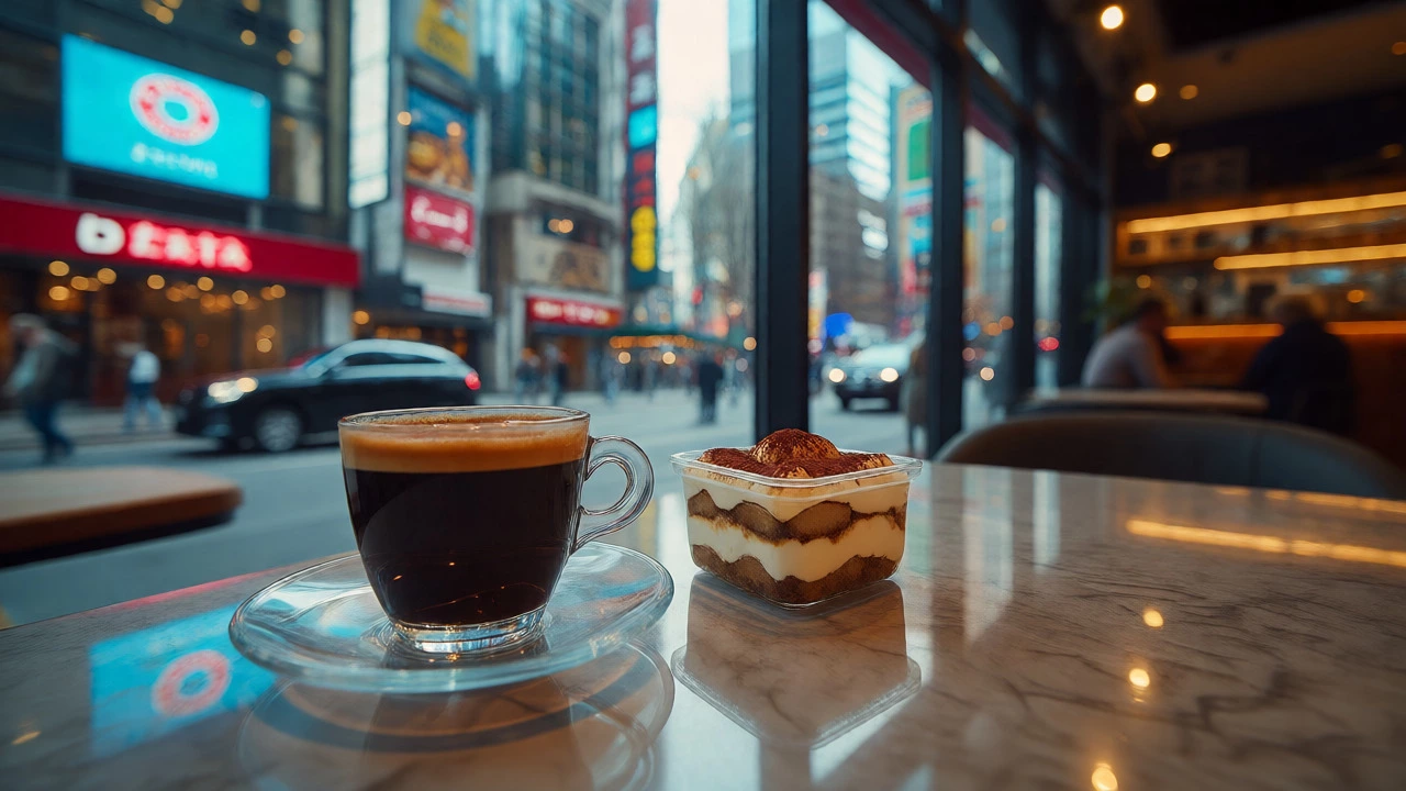 A small portion of tiramisu served alongside a cup of espresso in a modern cafe window setting.