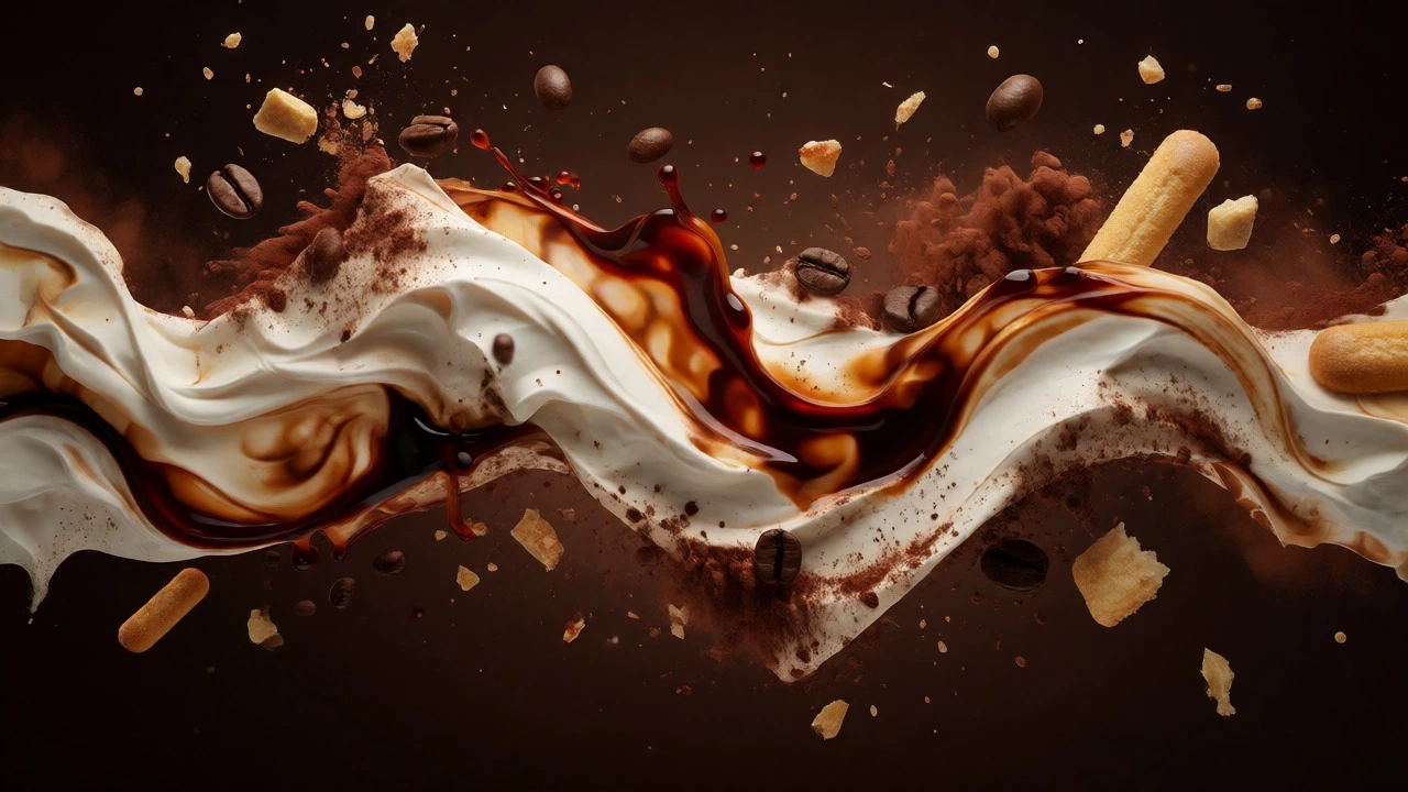 Abstract swirls of mascarpone, coffee, and cocoa powder