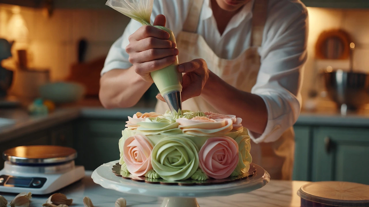 Baker piping rosettes onto a pistachio rose cake in a warmly lit kitchen.