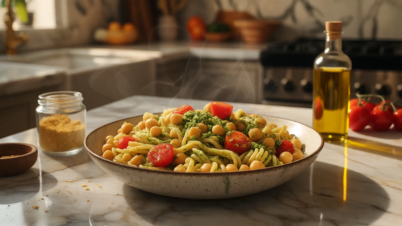 Bowl of chickpea pasta with pesto and tomatoes next to nutritional yeast and olive oil.