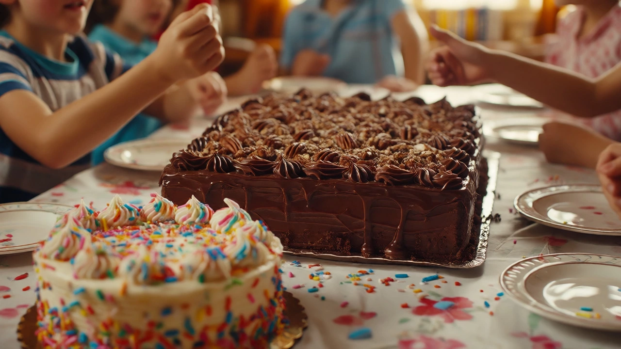 Chocolate sheet cake and funfetti cake at a lively birthday party table.