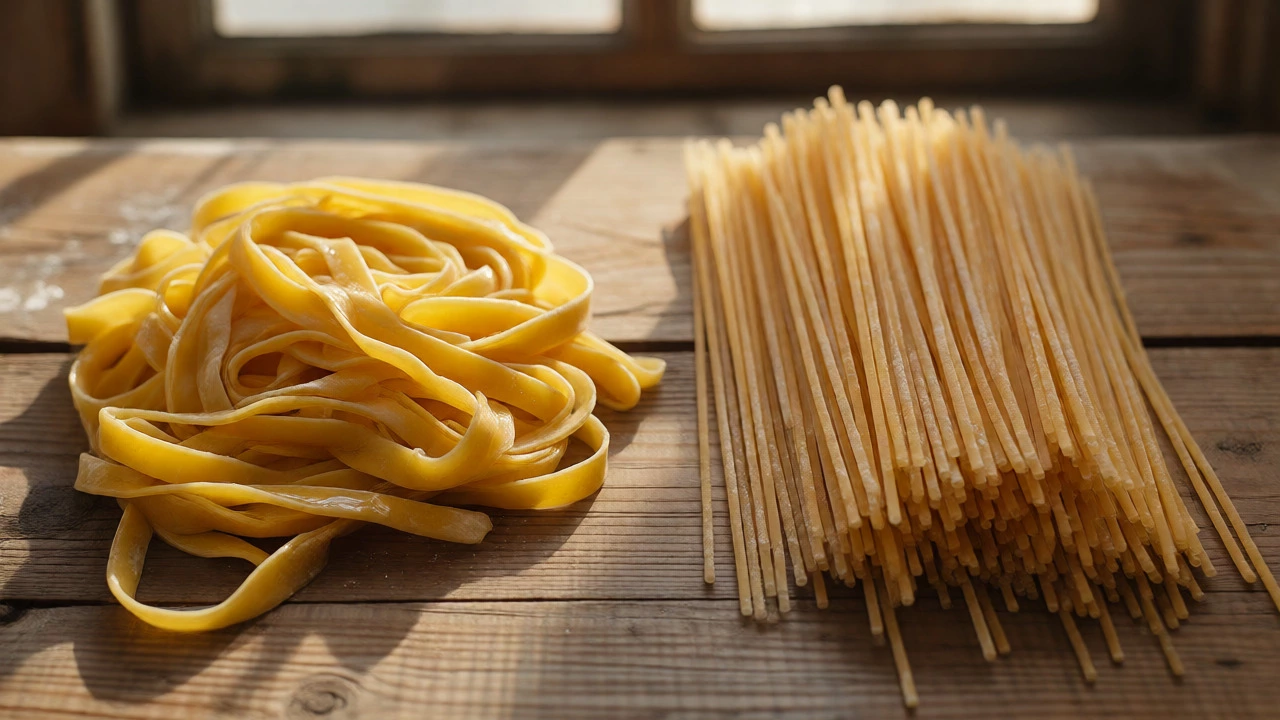 Comparison of fresh egg pasta nests and dried spaghetti bundles on a wooden table.