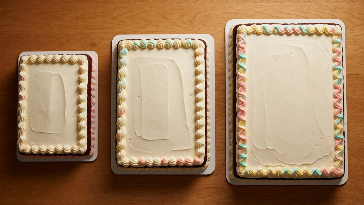 Comparison of quarter, half, and full sheet cake sizes on a table