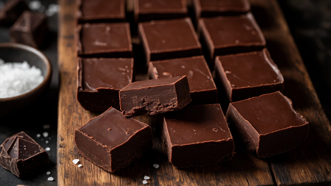 Cut squares of smooth dark chocolate fudge with sea salt and chocolate chunks.