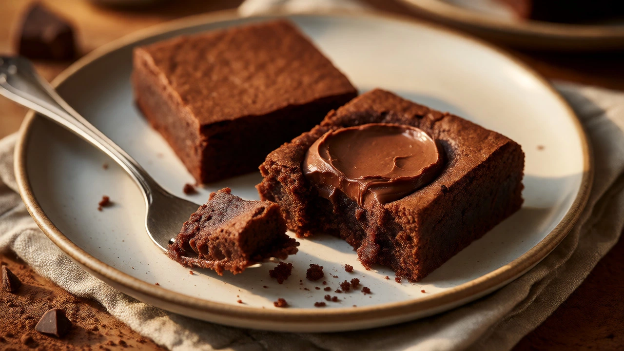 Frosted brownies on a plate, one with a sunken center filled with ganache