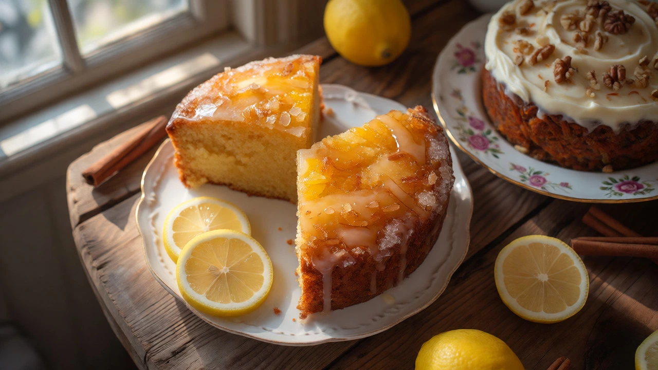 Lemon drizzle and carrot cakes on a rustic table with natural lighting