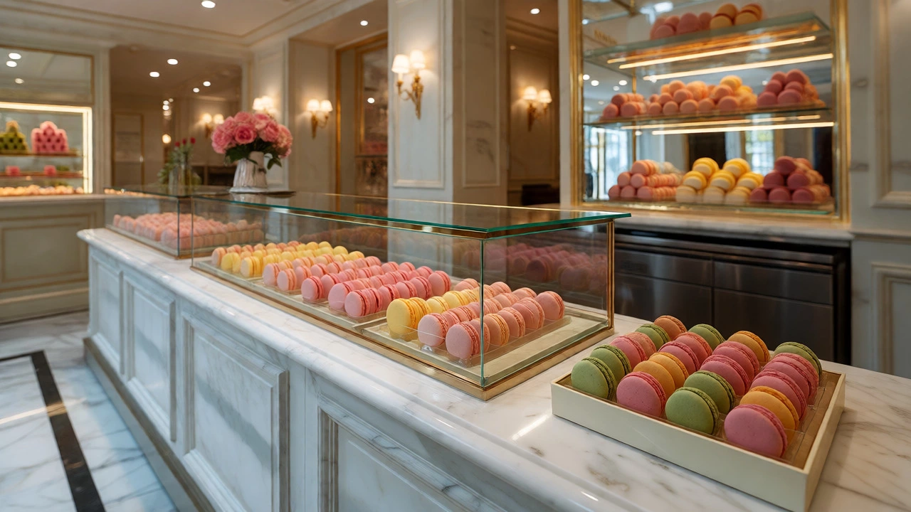 Luxury patisserie counter displaying colorful macarons in glass cases