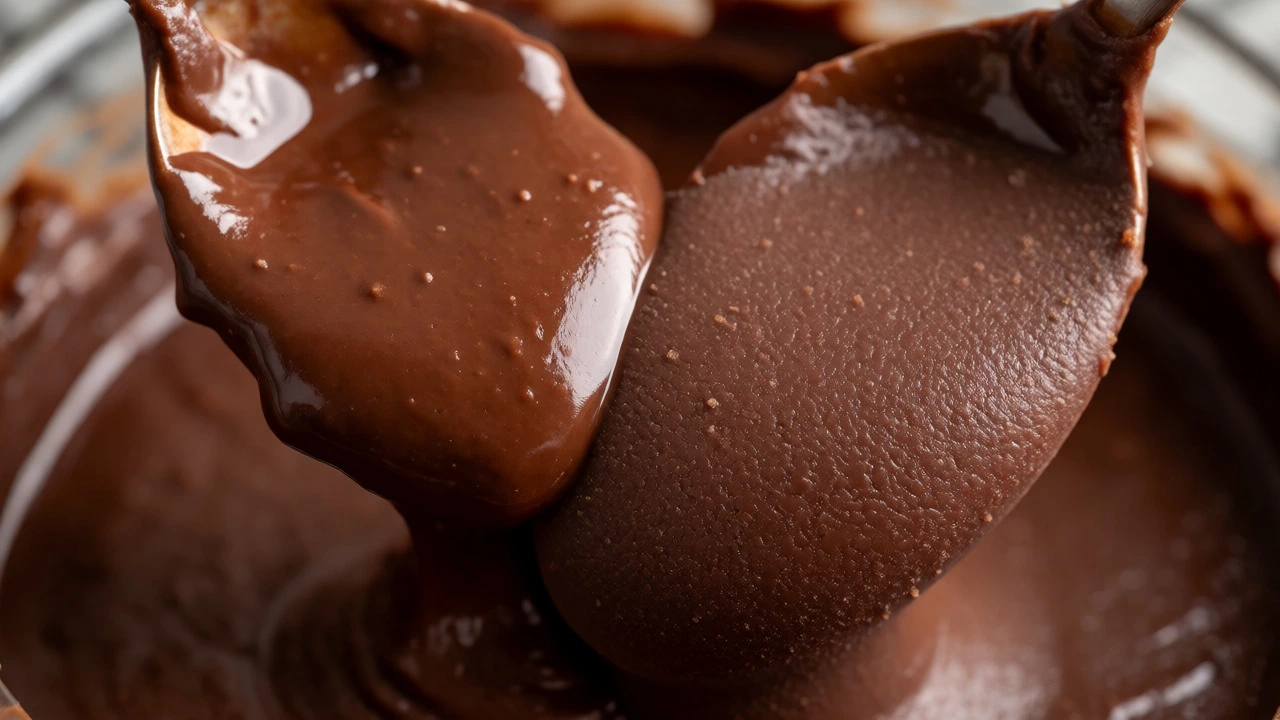 Macro view of glossy chocolate fudge becoming matte and creamy while being beaten.
