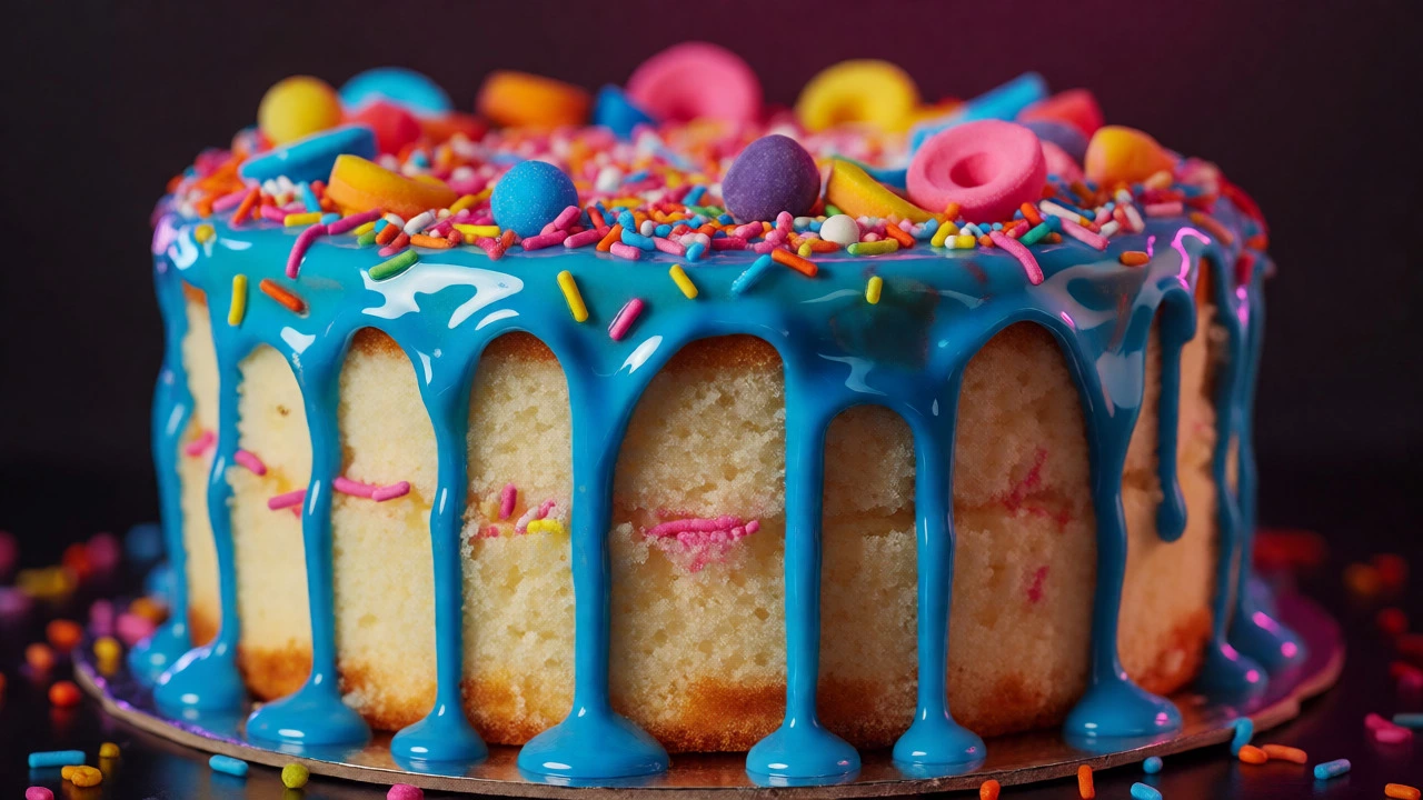 Neon blue drip cake covered in colorful retro sprinkles