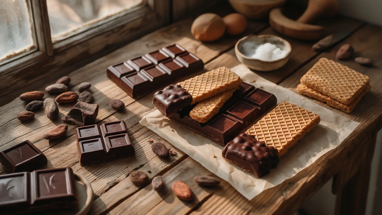 Overhead shot of vegan chocolate ingredients and homemade wafer treats on wood.