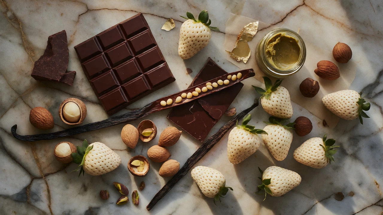 Premium baking ingredients including dark chocolate, vanilla pods, and white strawberries on marble.