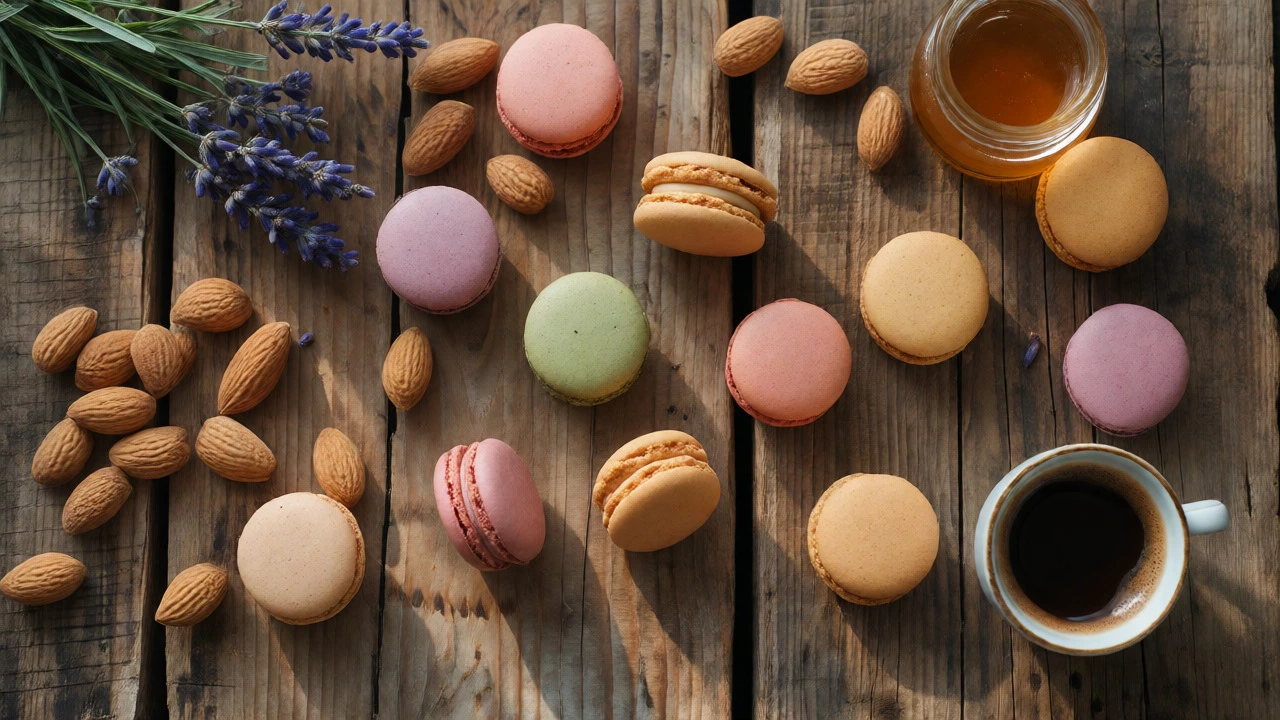 Rustic macarons on wooden table with almonds, lavender, and coffee