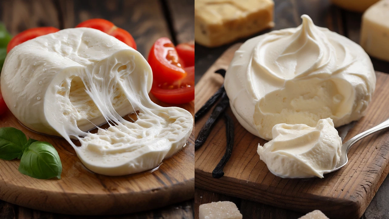 Side-by-side comparison of stringy mozzarella and creamy mascarpone textures.