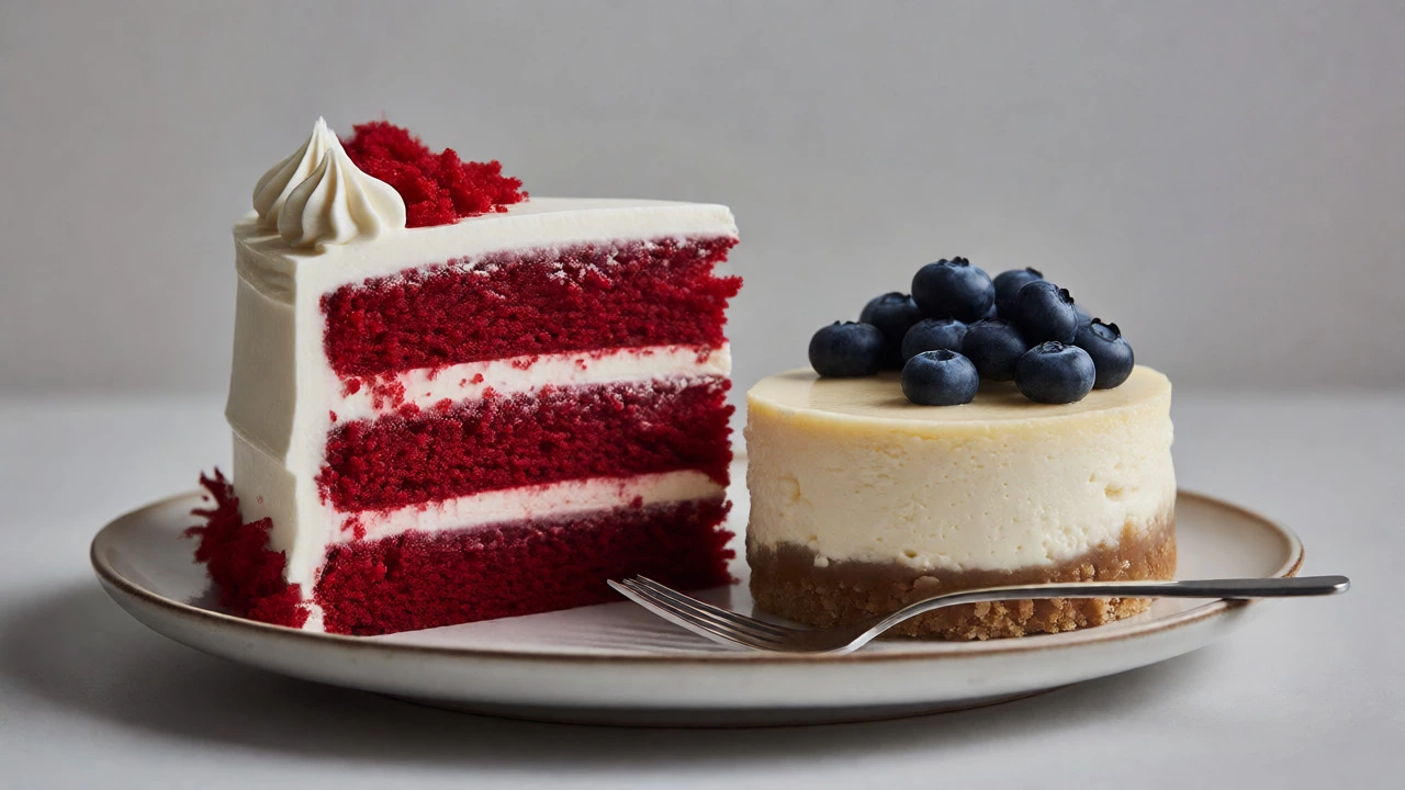 Slices of red velvet and cheesecake with berries on a neutral background