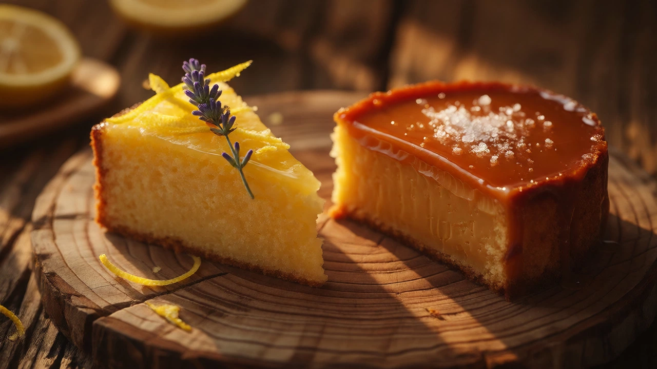 Slices of yuzu lemon and miso caramel cakes with garnishes