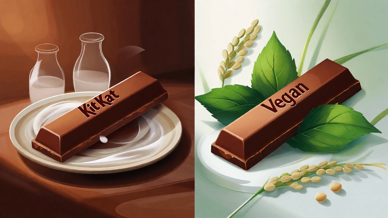 Split view comparing a dairy-heavy chocolate bar with a plant-based alternative.
