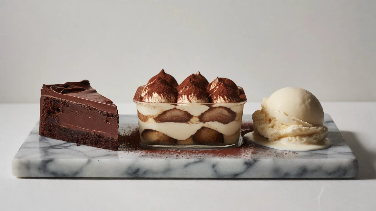 Still life comparison of tiramisu, chocolate cake, and melting ice cream on a marble surface.