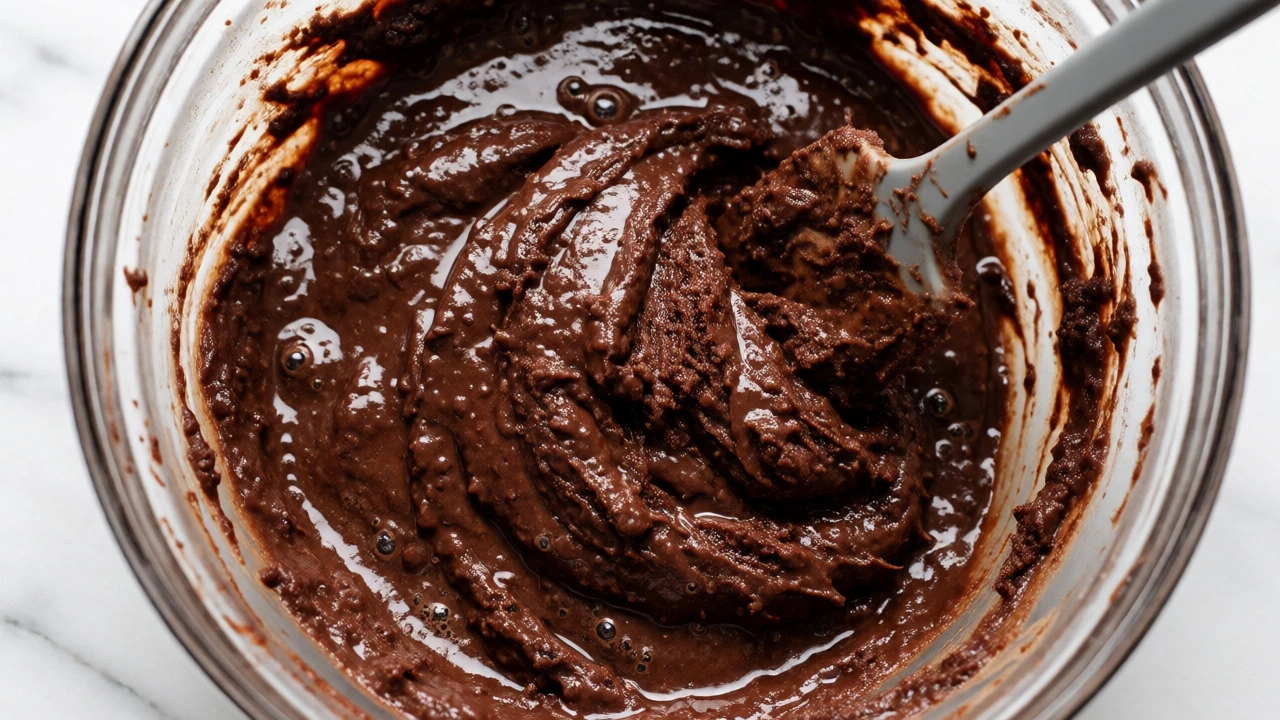 Thick, glossy chocolate brownie batter in a glass bowl with a spatula