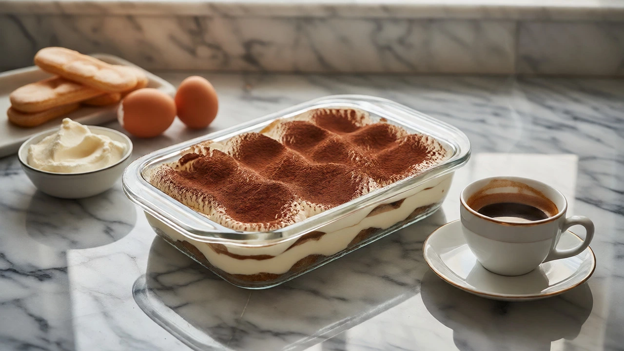 Tiramisu in a glass dish beside espresso and ingredients