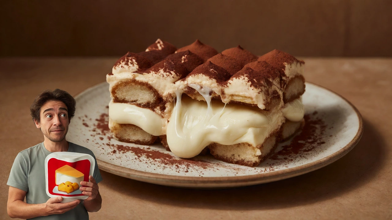 Tiramisu slice incorrectly filled with rubbery mozzarella chunks.